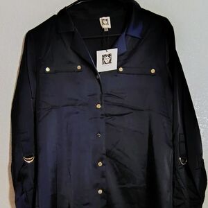 NWT Anne Klein Navy Satin Button Down